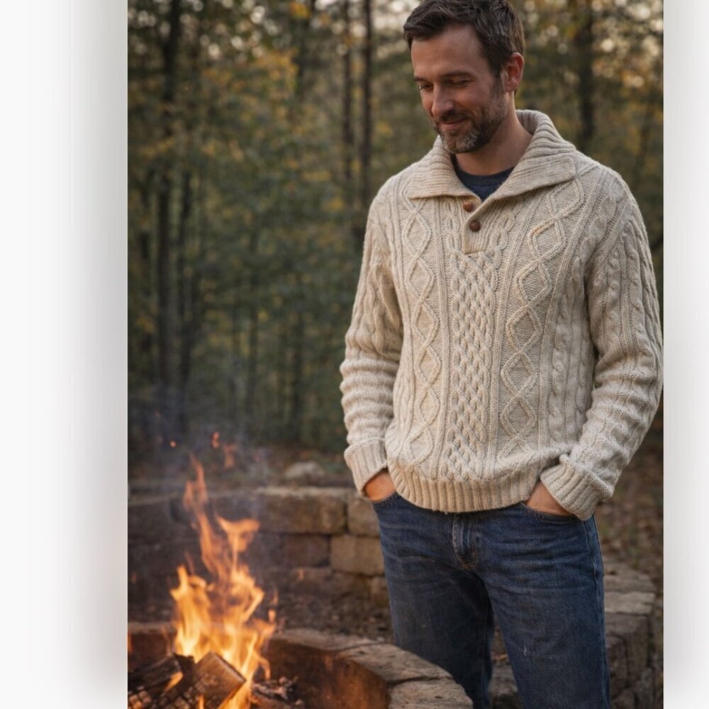 Thane Men's Irish Fisherman Cable Knit Sweater Sz Medium Soft Comfy